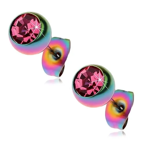 Ocelové náušnice, duhové kuličky s růžovým zirkonem, 7 mm