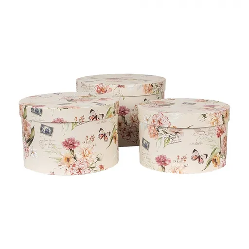 3ks béžový kulatý box s květy - Ø 24*16 / Ø 22*15 / Ø 21*13 cm Clayre & Eef