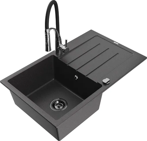 MEXEN/S Bruno granitový dřez s odkapávačem včetně baterie Aster, černá kropenatá 6513-76-73450-07-B