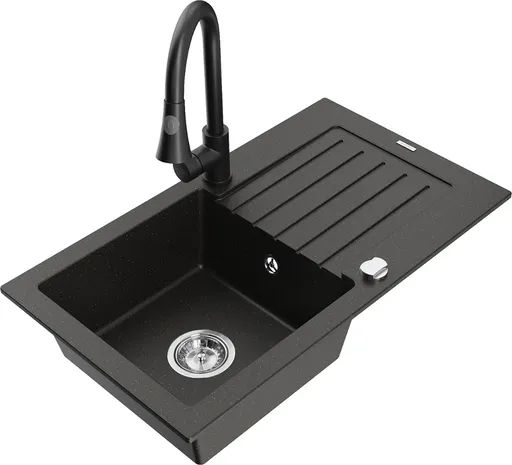 MEXEN/S Pablo granitový dřez 1 s odkapávačem včetně baterie Elia, černá/zlatá metalik 6510-75-670101-70