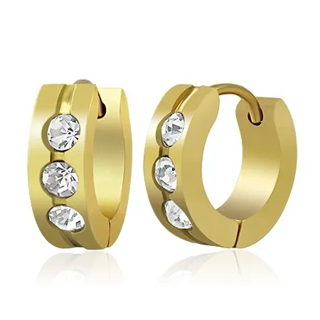 Náušnice z oceli - kruhy se zirkony a zářezem ve středu