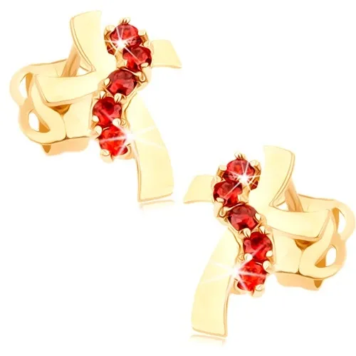Zlaté náušnice 14K v tvare kríža s červenými zirkóny