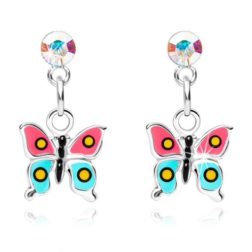 Stříbrné 925 náušnice, motýlek s růžovomodrými křídly, krystal Swarovski