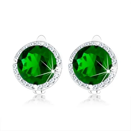 Stříbrné náušnice 925, kulatý smaragdově zelený zirkon, čirý lem, rhodiované