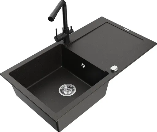 MEXEN/S Leo granitový dřez s odkapávačem včetně baterie Duero, černá/zlatá metalik 6501-75-671600-70