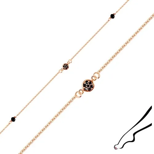 Náramek na kotník ze stříbra 925 měděné barvy - zirkonový kvítek, černé zirkony