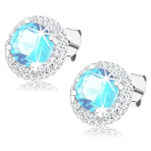 Stříbrné náušnice 925, kulatý zirkon akvamarínové barvy, čirý lem, puzetky