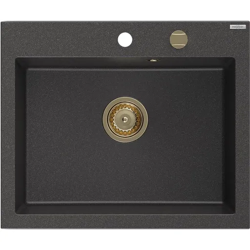 MEXEN/S Elix granitový dřez 1-miska 600 x 500 mm, černá kropenatá, sifon zlatá 6525601005-76-G