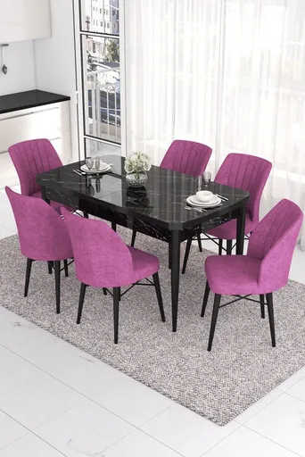 Extendable Dining Table & Chairs Set (7 Pieces) Eva - Black Marble, Purple