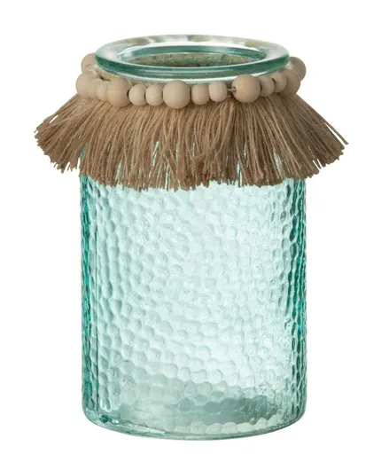 Tyrkysový skleněný svícen s dřevěnými korálky - Ø 12*18cm J-Line by Jolipa