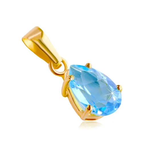 Přívěsek ze 14K žlutého zlata - slzička z modrého topasu v kotlíku, lesklý povrch