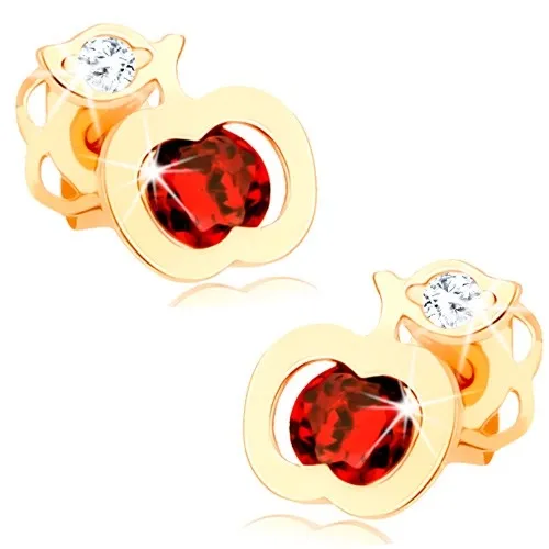 Zlaté 14K náušnice jablko s červeným a čirým zirkónem