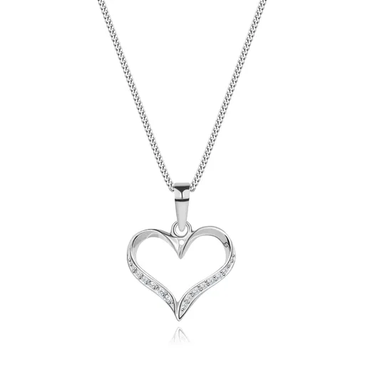 Náhrdelník - řetízek a obrys asymetrického srdce, čiré zirkony, stříbro 925