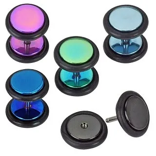 Ocelový fake plug do ucha, lesklé barevné kruhy s gumičkami, anodizované - Barva piercing: Černá