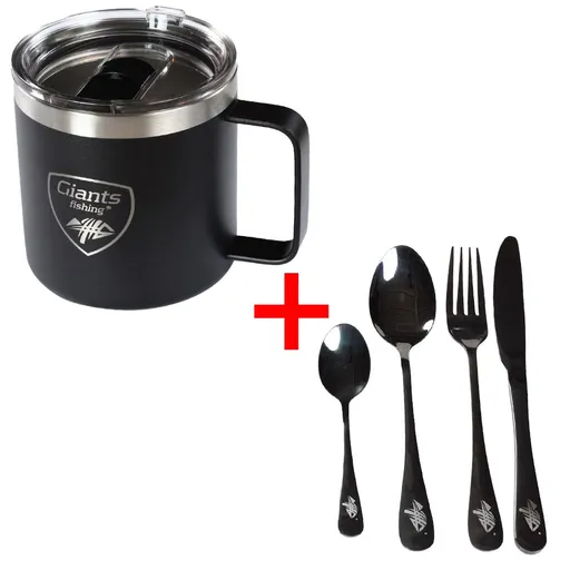 Giants fishing Akční set Nerezový thermo hrnek 400ml + Sada nerezových příborů,Giants fishing Akční set Nerezový thermo hrnek 400ml + Sada nerezových