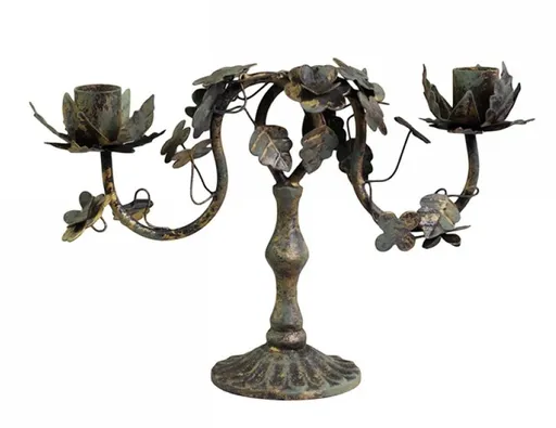 Kovový dvouramenný vintage svícen Leaves - 26*17*8 cm Chic Antique