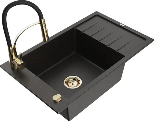 MEXEN/S Elias granitový dřez 1 s odkapávačem včetně baterie Aster, černá/zlatá metalik 6511-75-73450-57-G