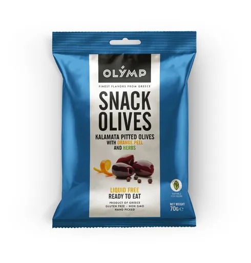 Olymp Kalamata tmavé olivy bez pecky s pomerančovou kůrou a bylinkami 70 g