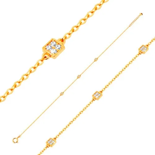 Zlatý náramek 585 s oválnými očky a třemi blýskavými čtverečky