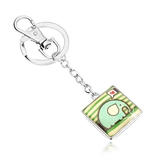 Klíčenka, čtverec s vypouklou glazurou, slon se spirálami, srdce, zelené proužky