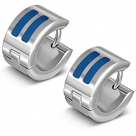 Lesklé stříbrné náušnice z oceli, kruhy s modrými pásy