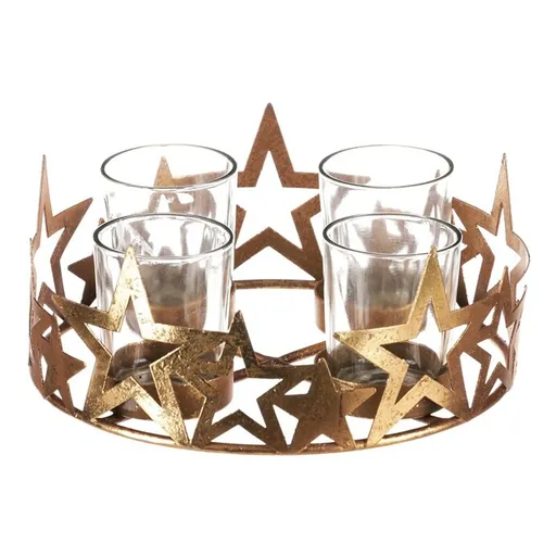 Adventní svícen se sklíčky Hvězda, kov, zlatá, 18 x 18 x 8 cm