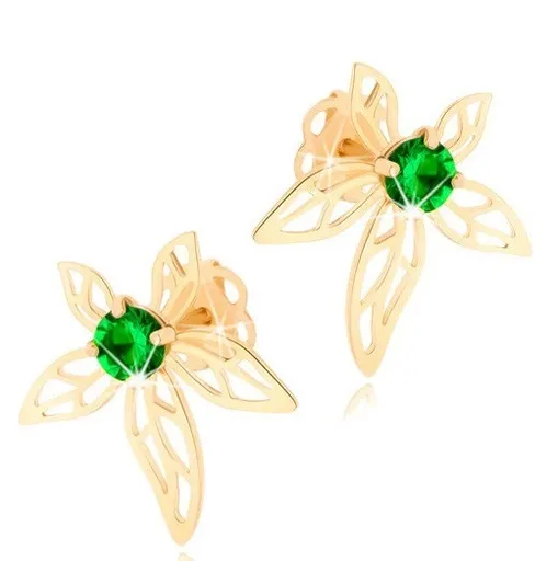 Náušnice ze žlutého 14K zlata - květ zdobený zeleným zirkonem a výřezy
