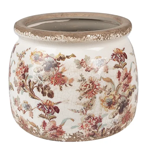 Béžový keramický obal na květináč s květy Flovia M - Ø 16*13 cm Clayre & Eef