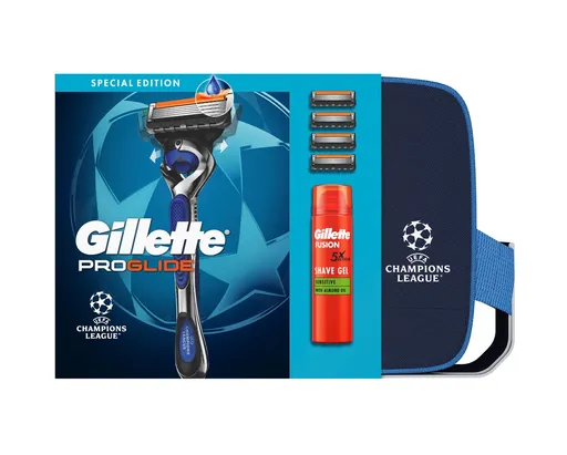 Gillette Xmass sada UEFA holicí strojek + 4 hlavice, taška a gel na holení 200 ml