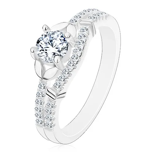 Stříbrný 925 prsten, čirý zirkon, dvojice lístečků a linie drobných zirkonků - Velikost: 65