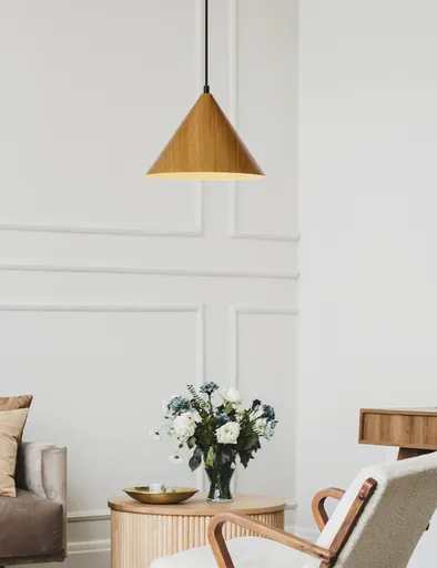 Závěsná lampa Dunca 25, černá, 1x40, E27, stínidlo ze světlého dubu