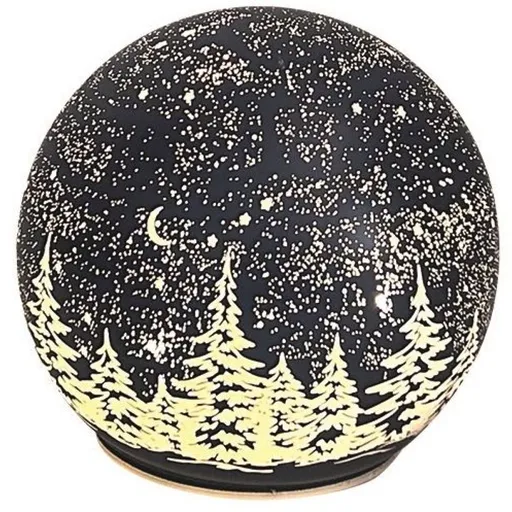 Svítící skleněná koule s motivem krajiny tmavě šedá, o 12 cm, teplá bílá, 10 LED, časovač