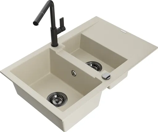 MEXEN/S Gaspar granitový dřez 1.5 s odkapávačem včetně baterie Flora, béžová 6507-69-670401-70-B
