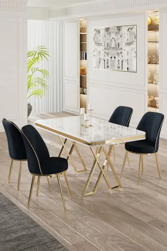 Dining Table & Chairs Set (5 Pieces) Vals - White, Gold, Anthracite