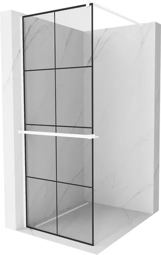 MEXEN/S Kioto+ Sprchová zástěna WALK-IN s poličkou a držákem ručníků 90 x 200, černý vzor, bílá 800-090-121-20-77