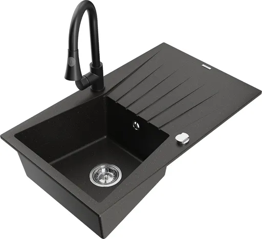 MEXEN/S Cesar granitový dřez 1 s odkapávačem včetně baterie Elia, černá/zlatá metalik 6514-75-670101-70