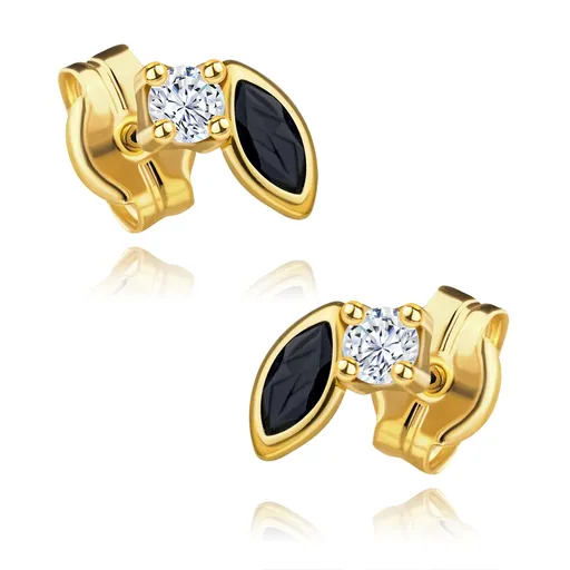 Náušnice ze 14K žlutého zlata - safír ve tvaru zrnka, kulatý čirý zirkon