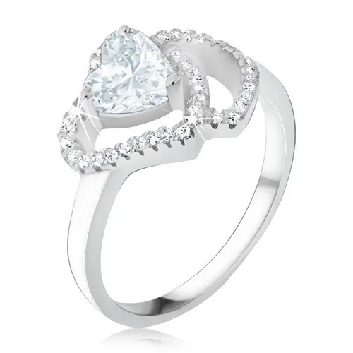 Prsten ze stříbra 925 - třpytivé čiré srdíčko, zirkonové obrysy srdcí - Velikost: 50