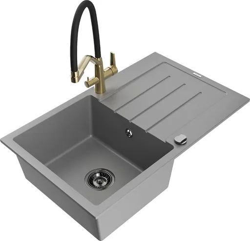 MEXEN/S Bruno granitový dřez s odkapávačem včetně baterie Duo, šedá 6513-71-671701-57-B