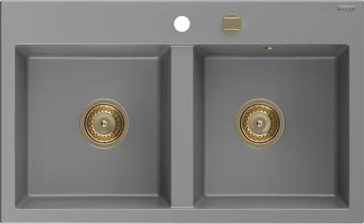 MEXEN/S Hektor granitový dřez 2-bowl 800 x 480 mm, šedá, zlatý sifon 6521802000-71-G