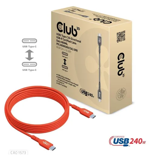 Club3D kabel USB-C, Oboustranný USB-IF Certifikovaný data kabel, Data 480Mb, PD 240W(48V/5A) EPR M/M 2m