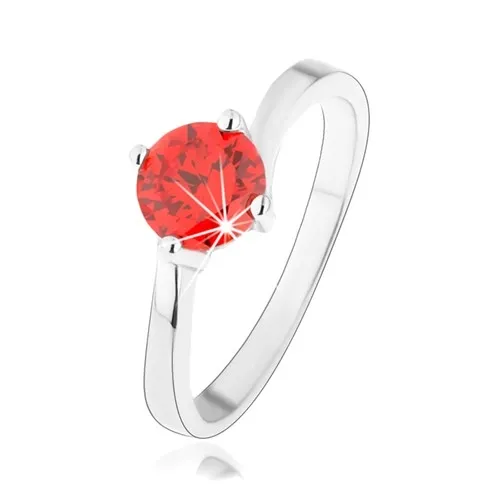 Prsten ze stříbra 925, kulatý červený zirkon, zrcadlově lesklá ramena - Velikost: 54