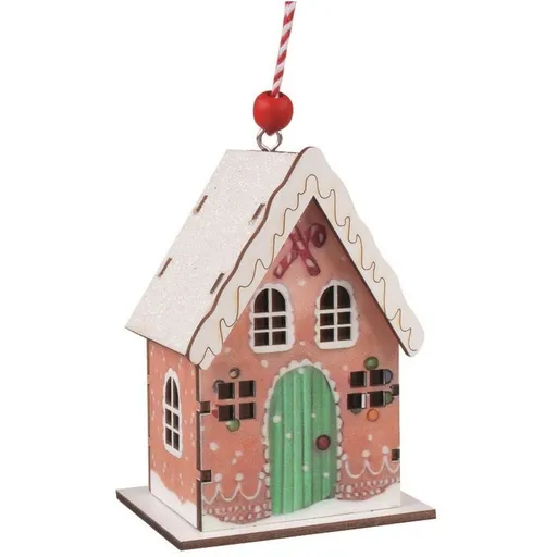 Anděl Přerov Dřevěný domek barevný s glitry na zavěšení 7 x 9,5 x 5 cm