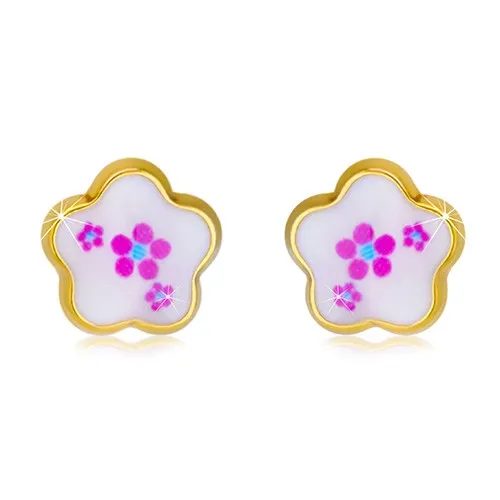 Náušnice ve žlutém 14K zlatě - kvítek s bílou glazurou a lesklou konturou