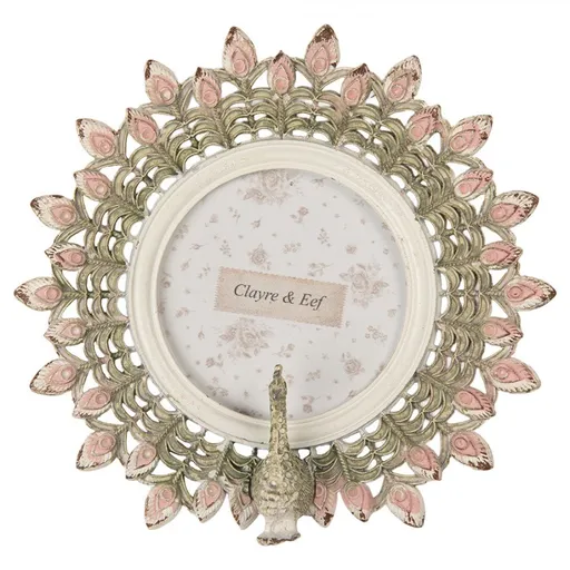Růžovo-zelený antik fotorámeček páv s roztaženými pery - 14*3*14 cm / Ø 8 cm Clayre & Eef