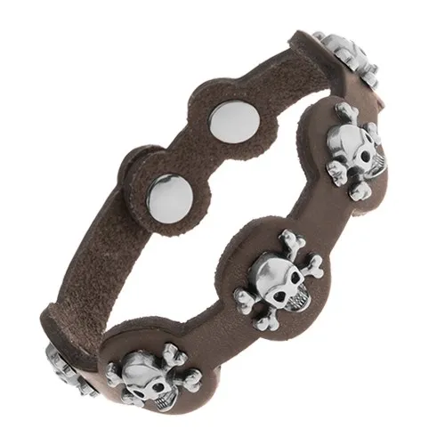 Hnědočerný náramek z umělé kůže, ocelové lebky s kostmi, černá patina