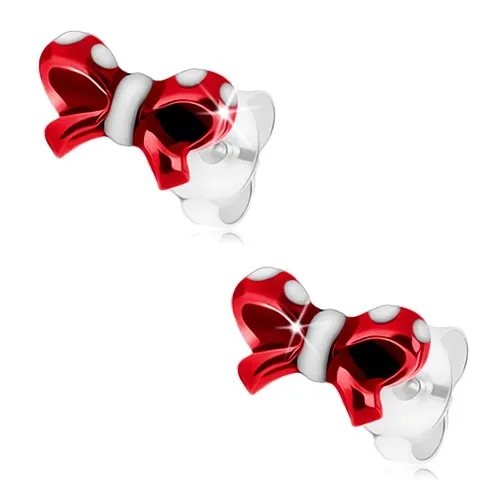 Stříbrné náušnice 925, lesklá mašlička, glazura červené a bílé barvy