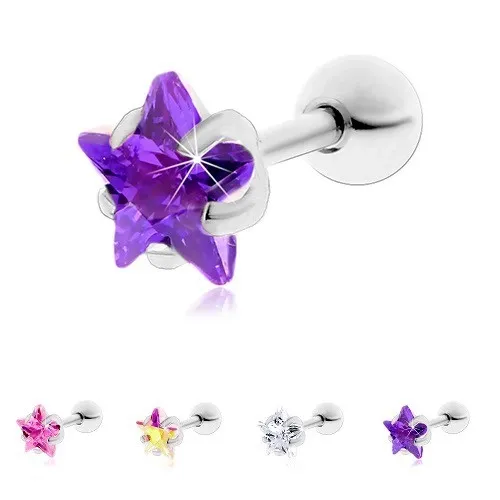 Ocelový piercing do tragu ucha, blýskavá zirkonová hvězdička - Hlavička: 3 mm, Barva zirkonu: Fialová - A
