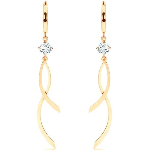 Visací náušnice ve žlutém 14K zlatě, hladký kroužek, čirý zirkon, lesklé vlnky