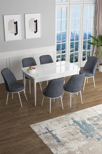 Extendable Dining Table & Chairs Set (7 Pieces) Han - White, Fume